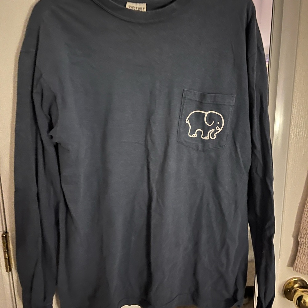 ivory ella Navy Blue Long Sleeve Pocket Tee with White Elephant Logo